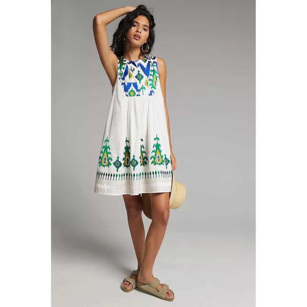 Anthropologie Vivienne Tunic Dress Size L White Embroidered Boho Euro‎ Summer